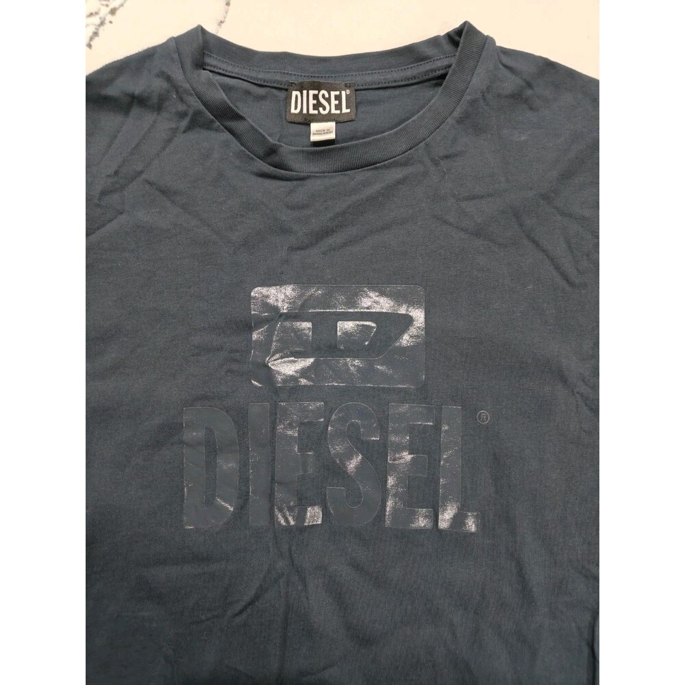 DIESEL Men T-Shirt Spell Out Cotton Short Sleeve Medium Dark Blue